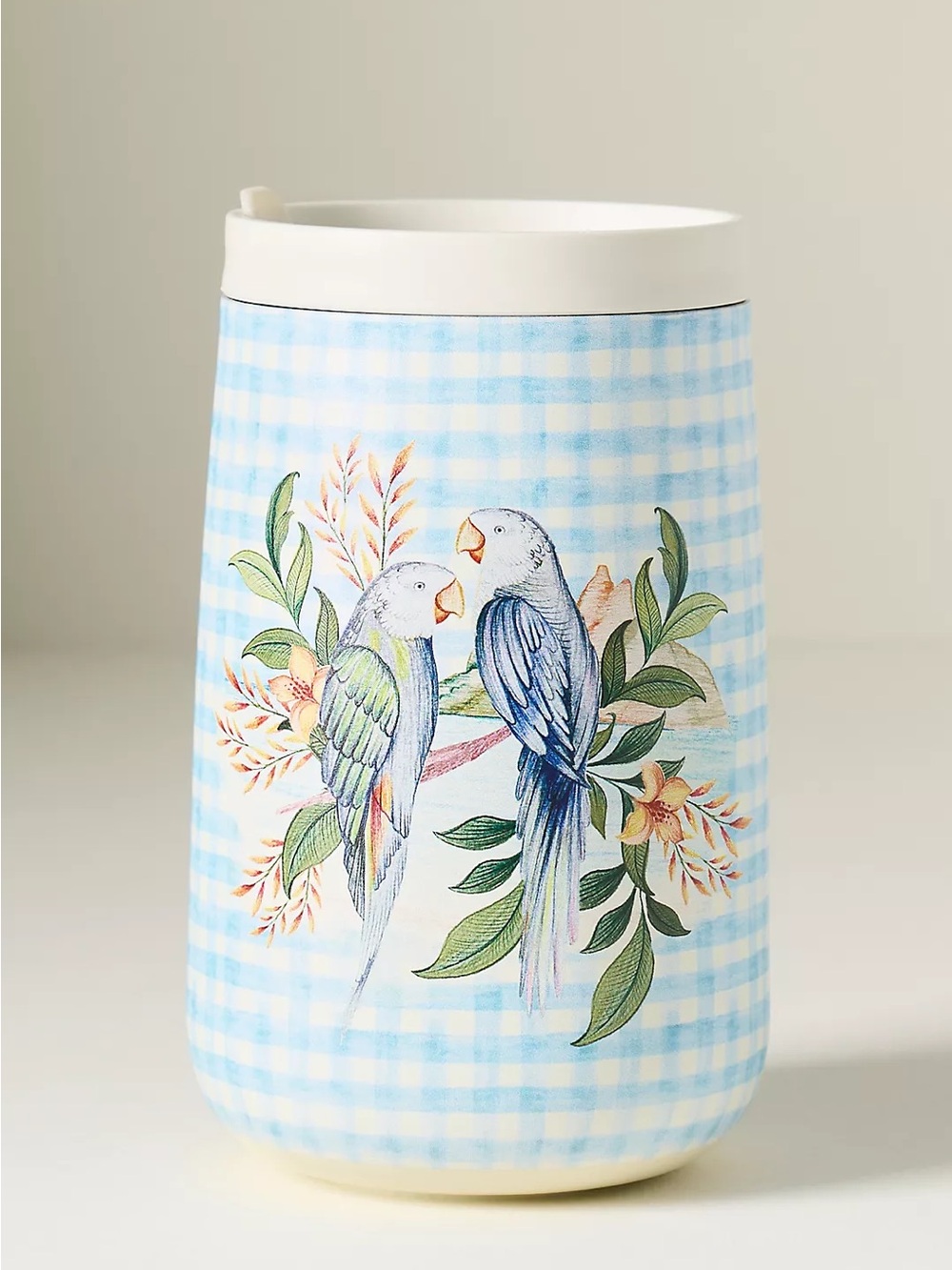 Farm Rio x Anthropologie Insulated Tumbler with Lid Blue Gingham Parakeet 15 oz